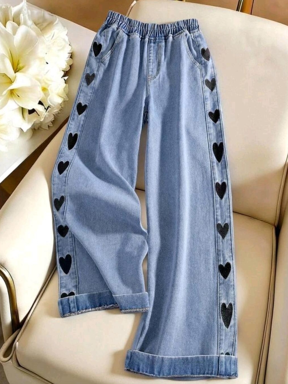 Women’s Light Blue Denim Jeans with Black Heart Trim